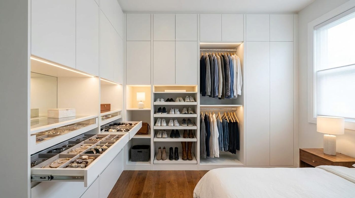 Modern built-in reach-in closet system with matte white finish and pull-out drawers