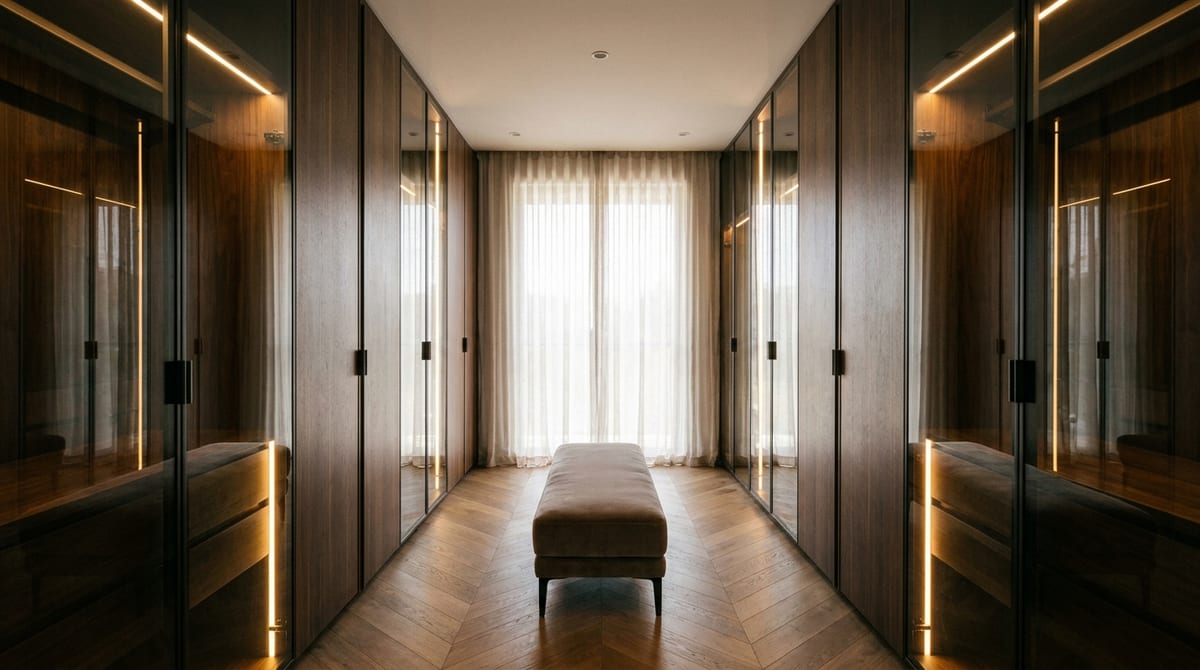 Modern custom wardrobe corridor with smoked walnut cabinetry, tinted glass doors, and warm LED lighting.