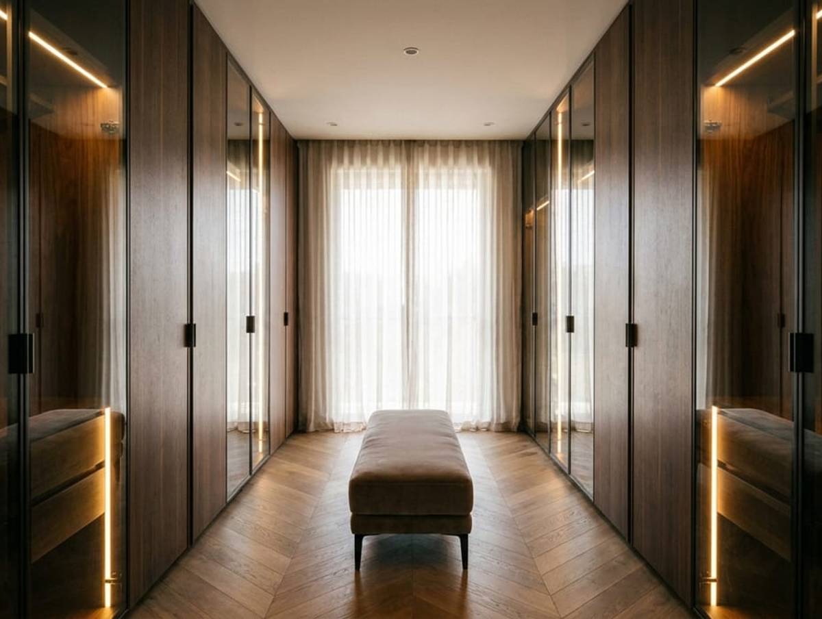 Modern custom wardrobe corridor with smoked walnut cabinetry, tinted glass doors, and warm LED lighting.