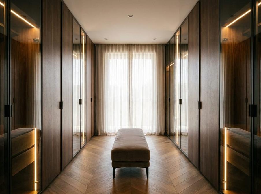 Modern custom wardrobe corridor with smoked walnut cabinetry, tinted glass doors, and warm LED lighting.