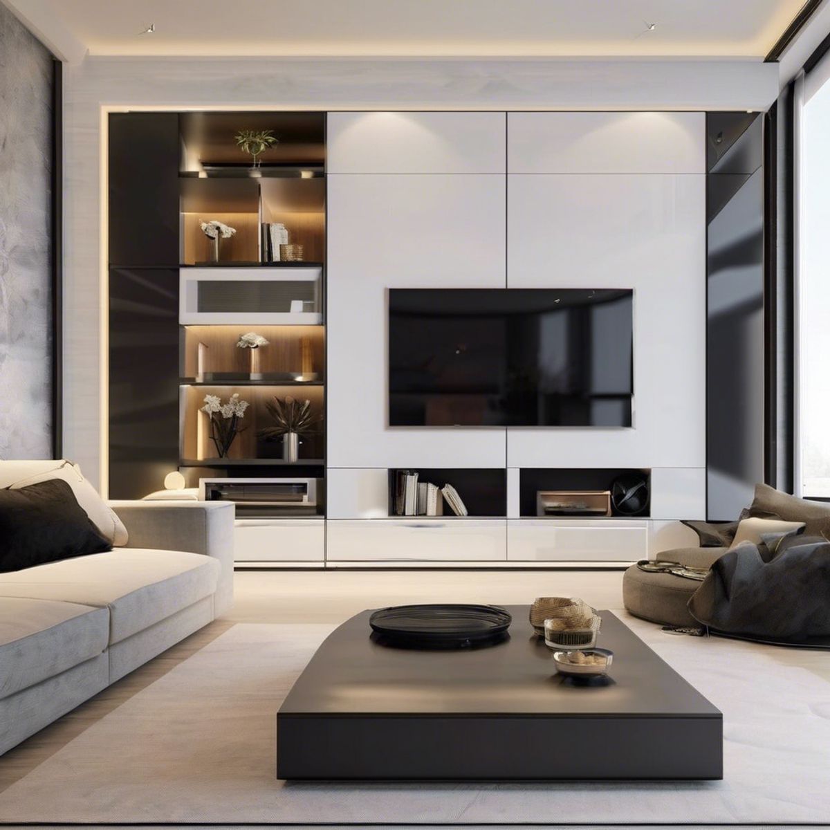 Built-in entertainment wall unit with TV niche, open shelving and lighting