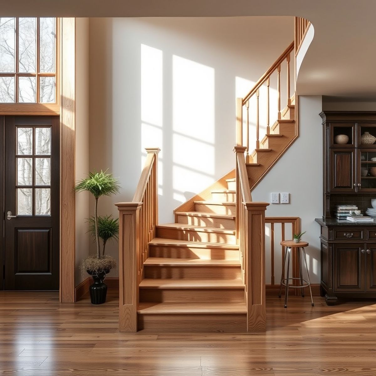 Curved custom hardwood staircase with wooden railing and newel posts by KABCO