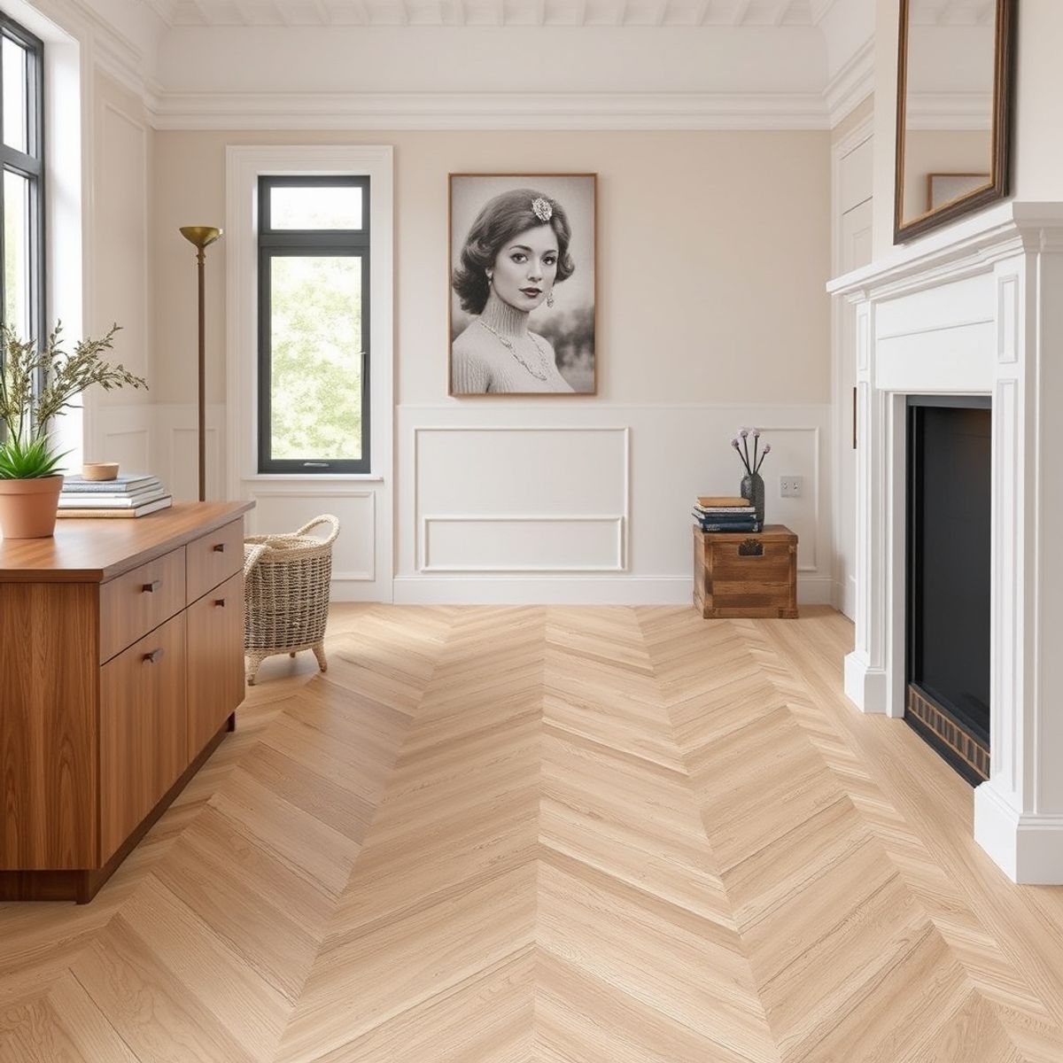 Living room with herringbone hardwood flooring and a fireplace