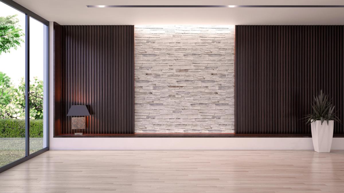 Living room with custom wall panels, stone feature wall and wood slat accents