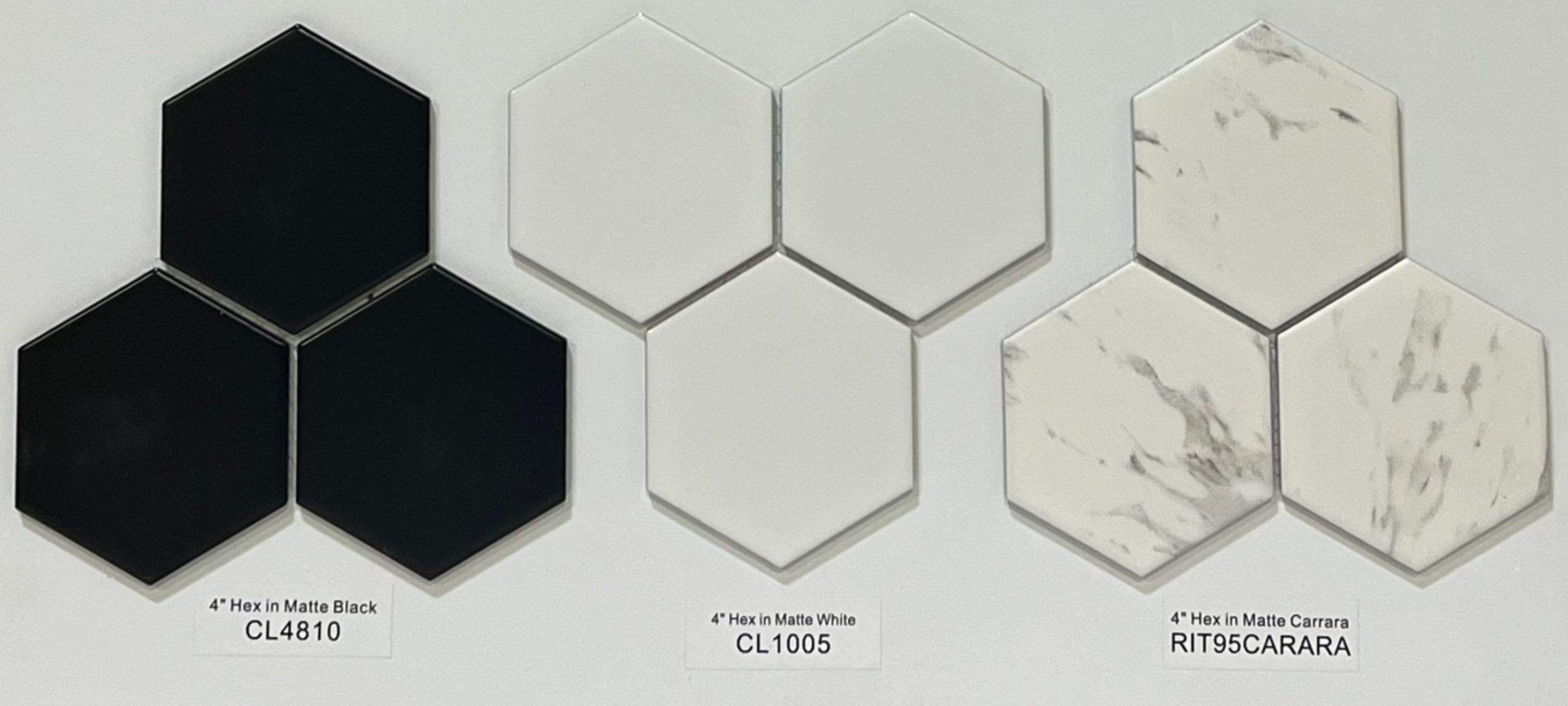 4" Hexagon  Matte Tiles - Black - White and Carrara
