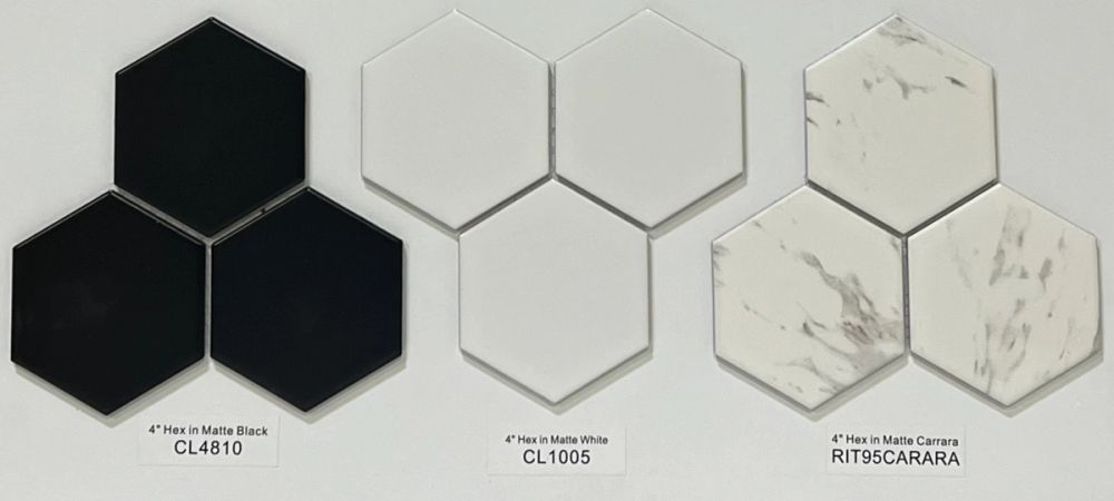 4" Hexagon Matte Tiles - Black - White and Carrara
