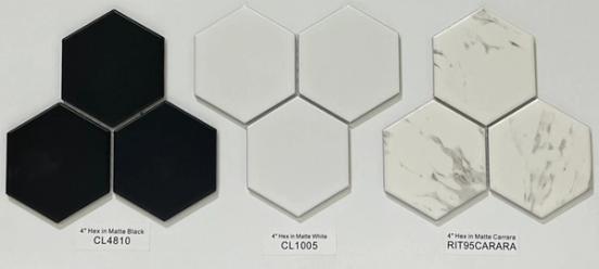 4" Hexagon Matte Tiles - Black - White and Carrara
