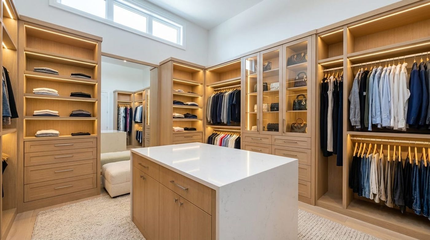 Luxury custom walk-in closet with oak cabinetry, central island, and integrated LED lighting in a Vaughan home