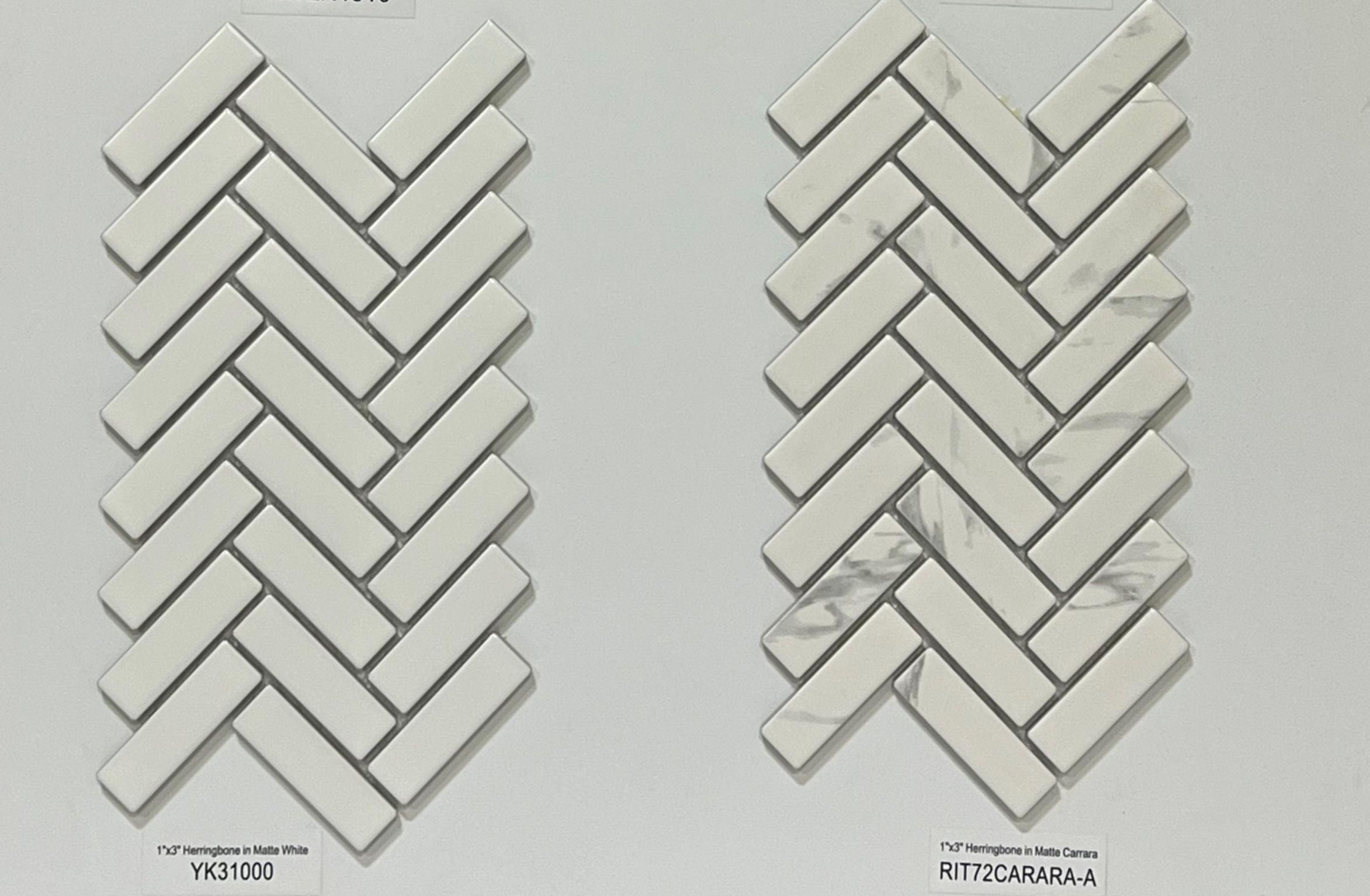 1"X3"  Herringbone Matte White and Carrara