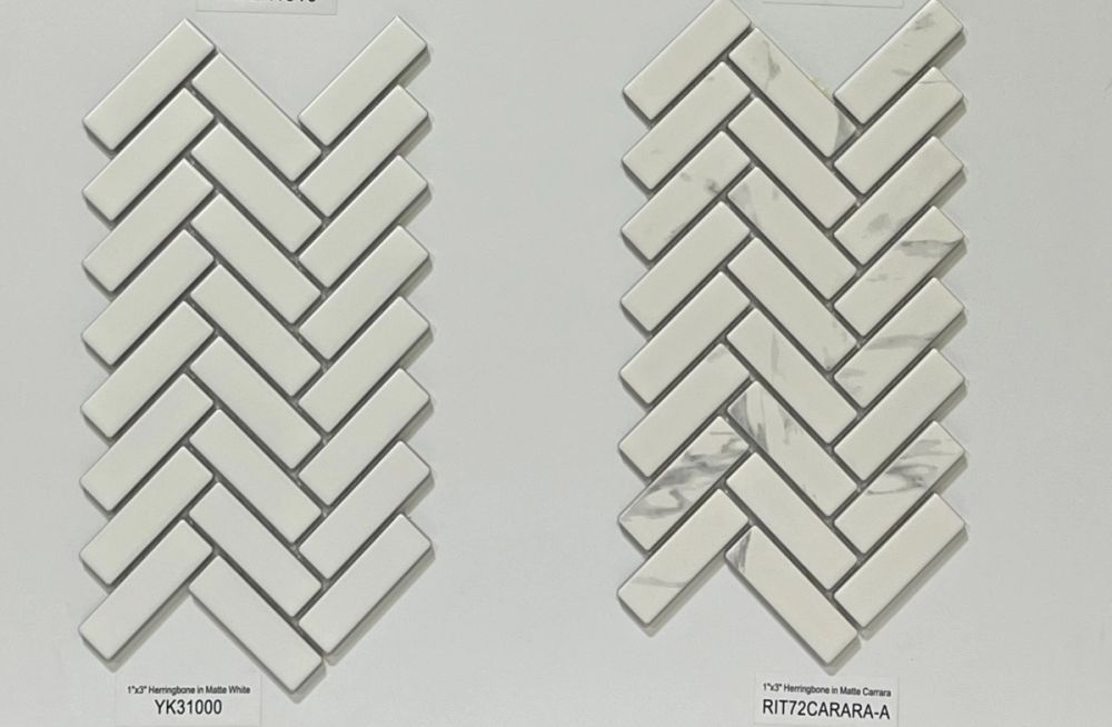 1"X3" Herringbone Matte White and Carrara