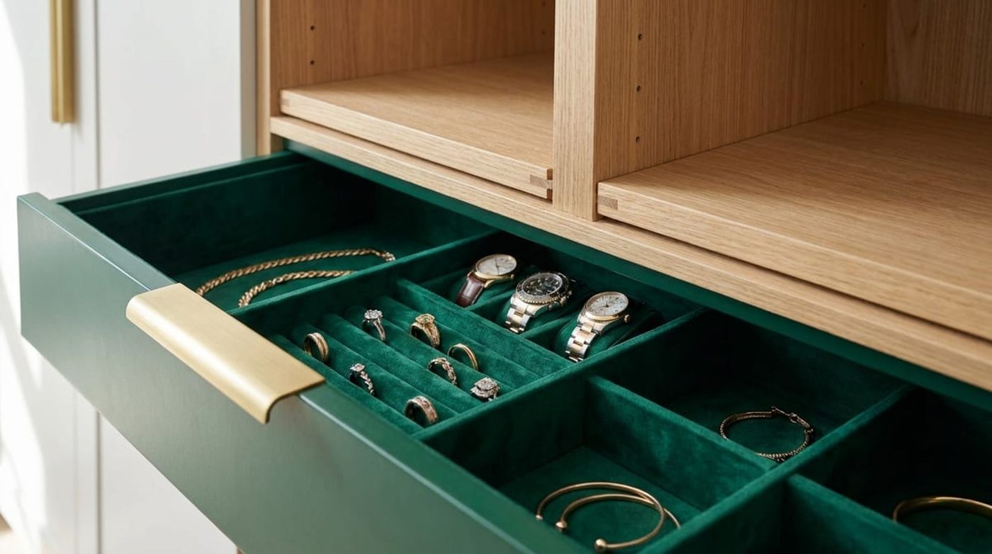 Custom closet interior detail showing velvet-lined jewelry drawer and premium hardware