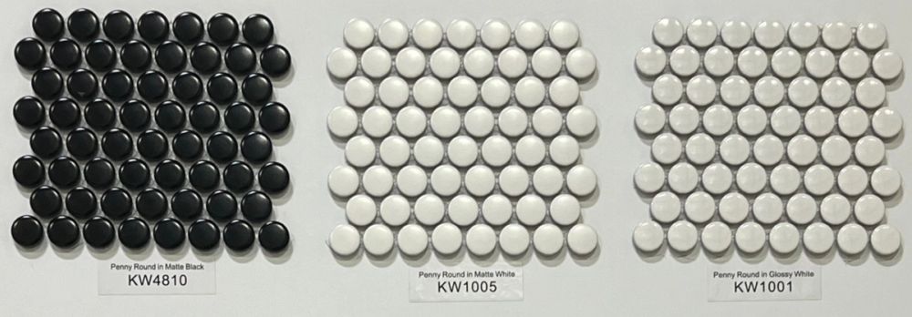5/8" Penny Round Glossy Tile - Black - White and Grey and Matte