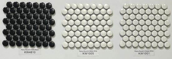 5/8" Penny Round Glossy Tile - Black - White and Grey and Matte