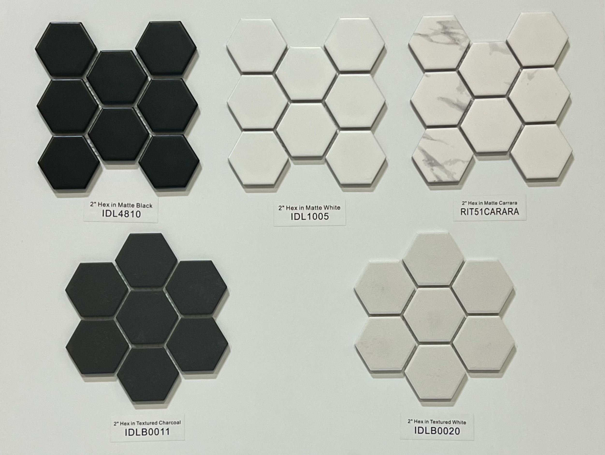 2" Hexagon  Matte Tiles - Black - White - Grey and Carrara