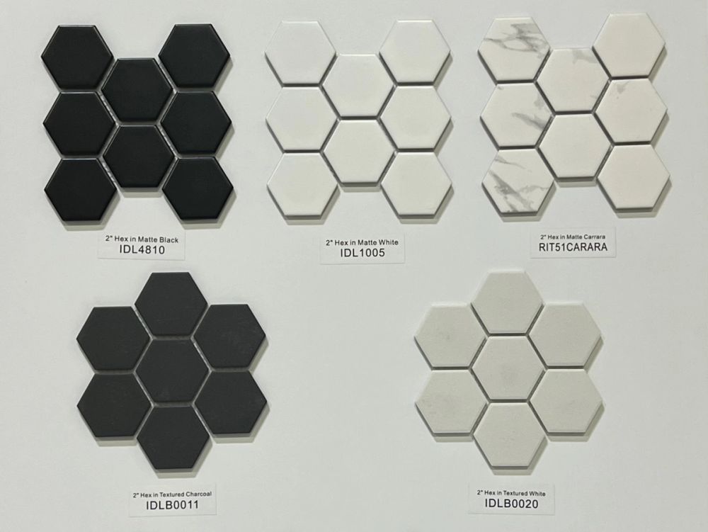 2" Hexagon  Matte Tiles - Black - White - Grey and Carrara