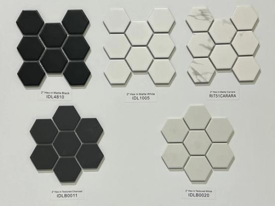 2" Hexagon Matte Tiles - Black - White - Grey and Carrara